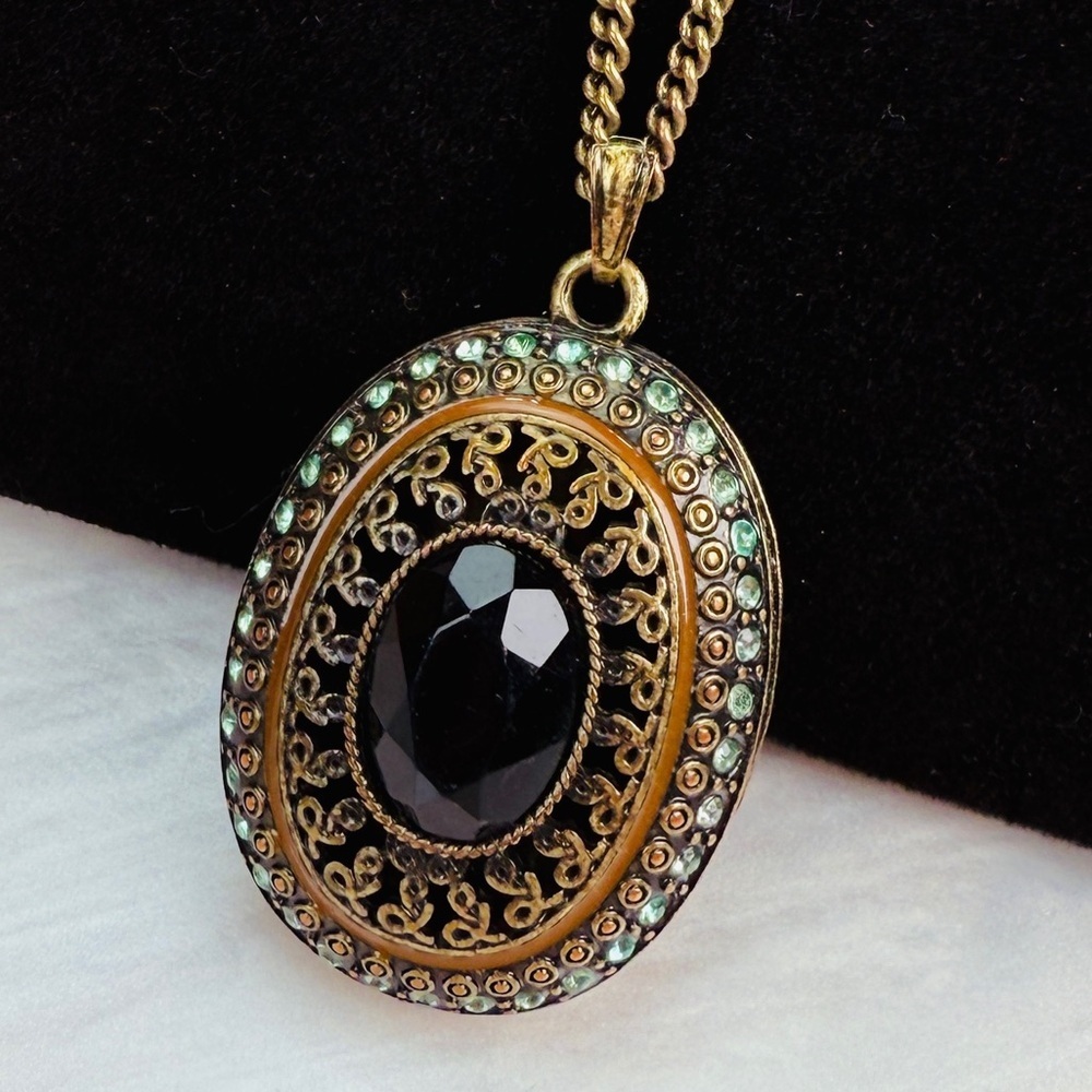 Vintage Gothic Statement Pendant Necklace Black Center Ornate Filigree Boho
